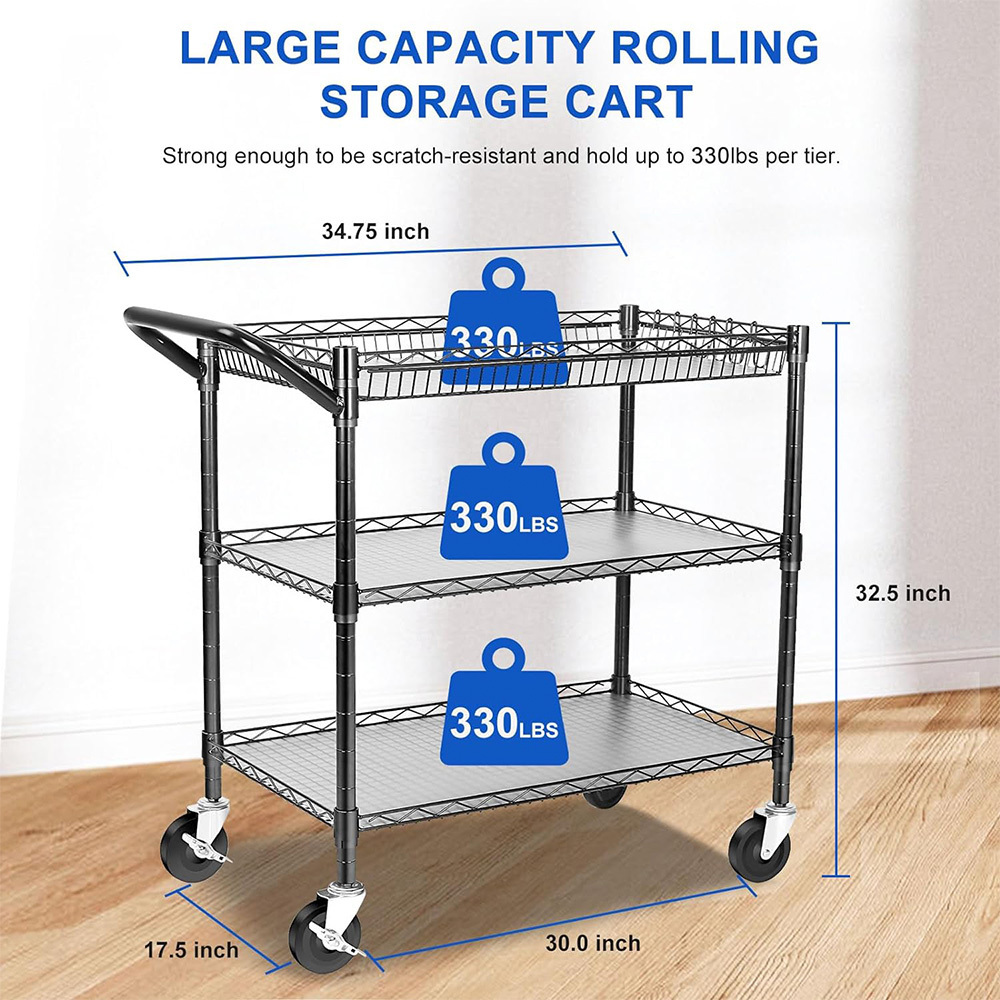 3 Tier Metal Rolling Carts with Wheels Commercial Grade with Shelf Liner and Handle Bar Heavy Duty Trolley Serving Cart Black