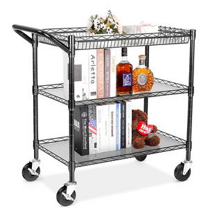 3 Tier Metal Rolling Carts with Wheels Commercial Grade with Shelf Liner and Handle Bar Heavy Duty Trolley Serving Cart Black