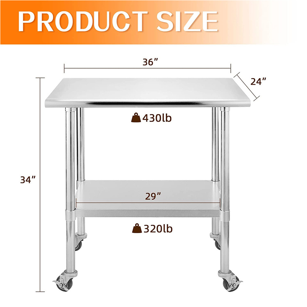 Stainless Steel Prep Work Table with Adjustable Shelf, Commercial Workstations with Wheels, Kitchen Island,