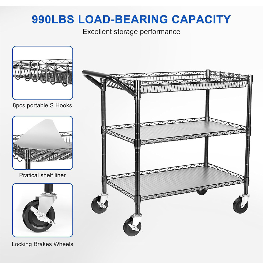 3 Tier Metal Rolling Carts with Wheels Commercial Grade with Shelf Liner and Handle Bar Heavy Duty Trolley Serving Cart Black