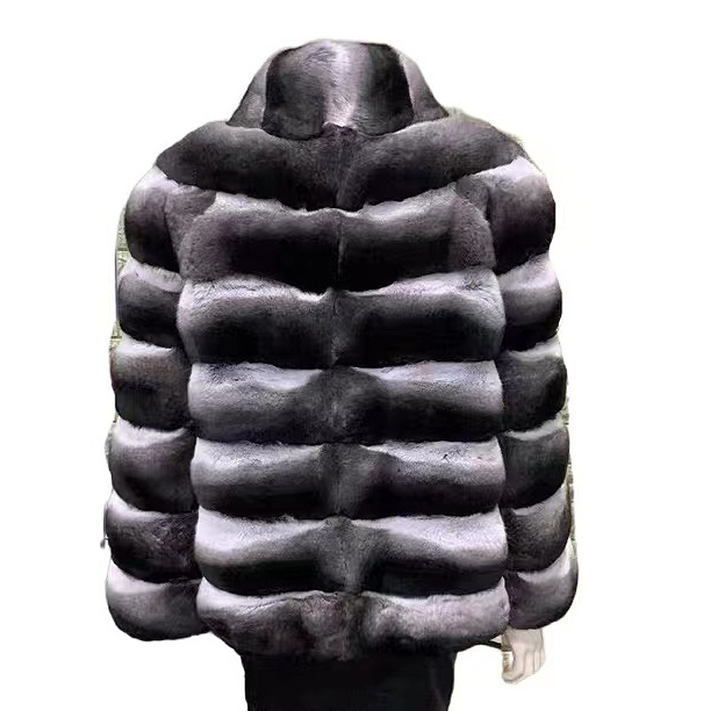 women luxury genuine chinchilla fur coat horizontal style ladies chinchilla fur jackets stripes with stand-up collar