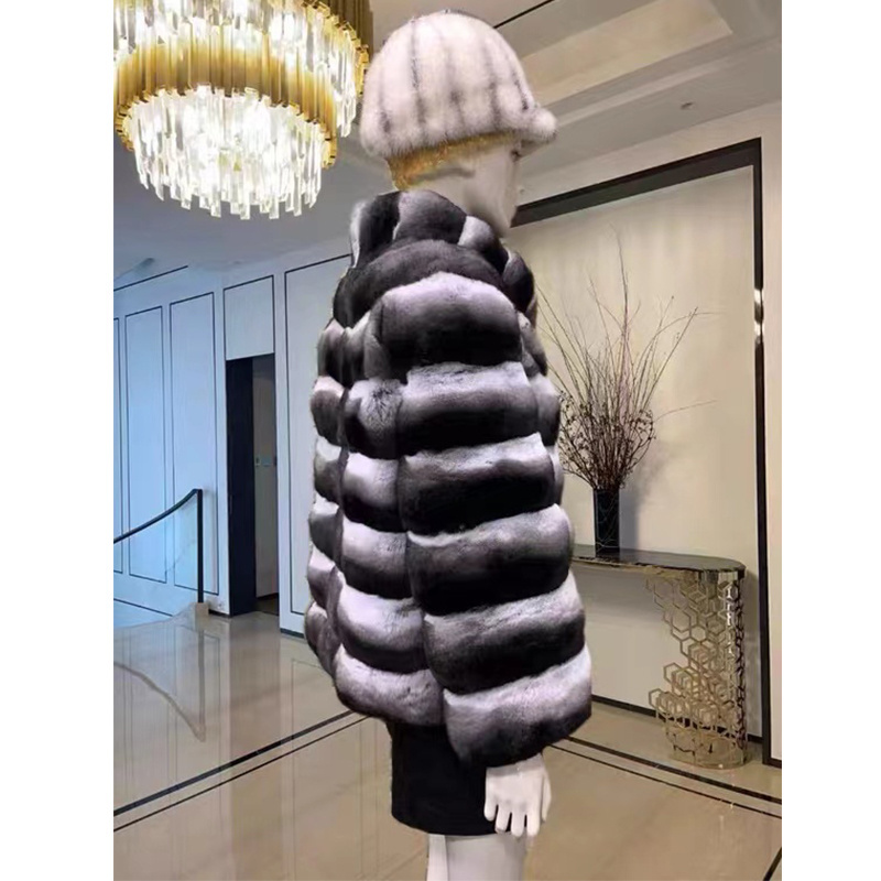 women luxury genuine chinchilla fur coat horizontal style ladies chinchilla fur jackets stripes with stand-up collar