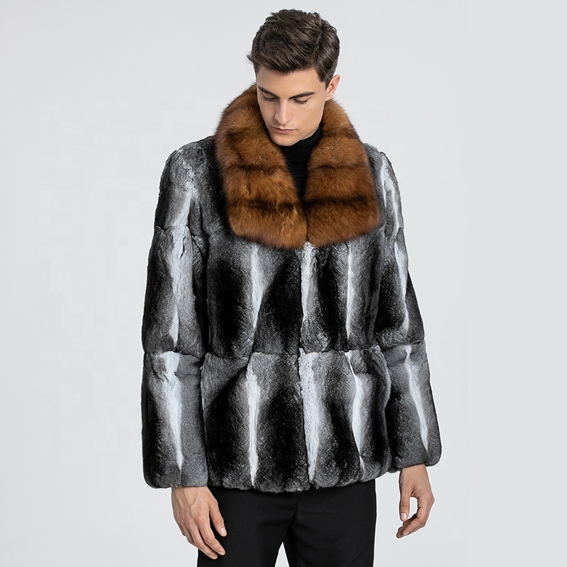 top luxury best quality real chinchilla fur coat with real sable fur bigger collar winter men's luxury chinchilla fur outfit