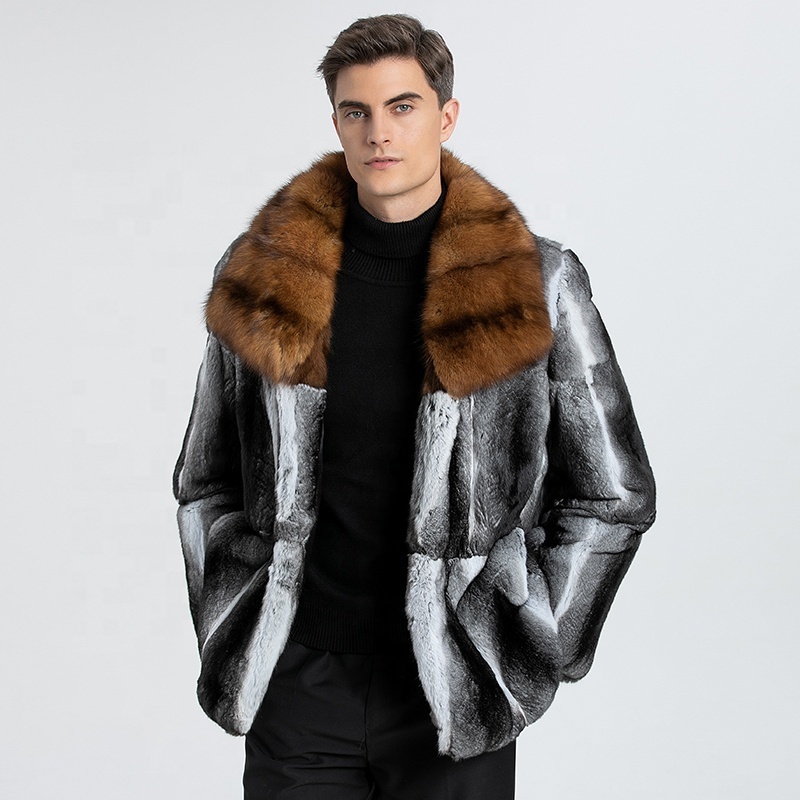 top luxury best quality real chinchilla fur coat with real sable fur bigger collar winter men's luxury chinchilla fur outfit