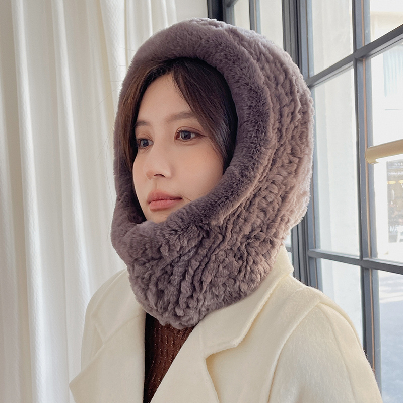 2024 women winter new collection luxury real fur hooded scarf genuine rex rabbit fur hood muffler girls spring thick warm shawl