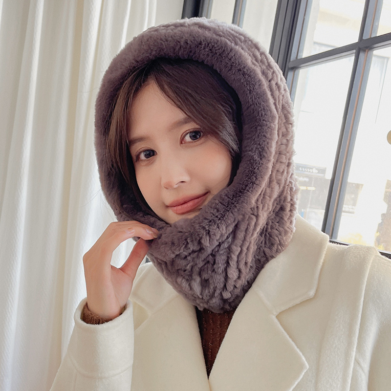 2024 women winter new collection luxury real fur hooded scarf genuine rex rabbit fur hood muffler girls spring thick warm shawl