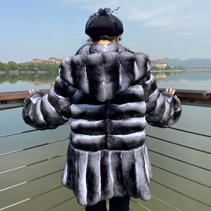 Fabulous Furs luxury Chinchilla Fur Coats Women Genuine Chinchilla Fur Coat Oversize Jacket With Hood