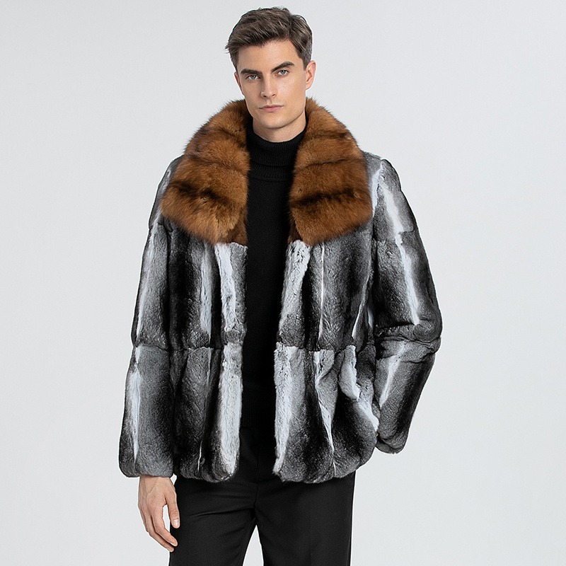 top luxury best quality real chinchilla fur coat with real sable fur bigger collar winter men's luxury chinchilla fur outfit