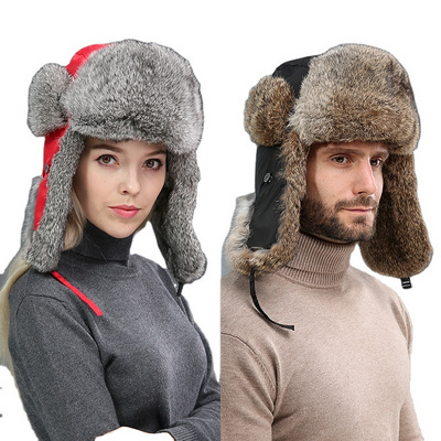 Women And Men's Winter Real Rabbit Fur Trooper Hats Thick And Warmer Genuine Rabbit Fur Bucket Hat