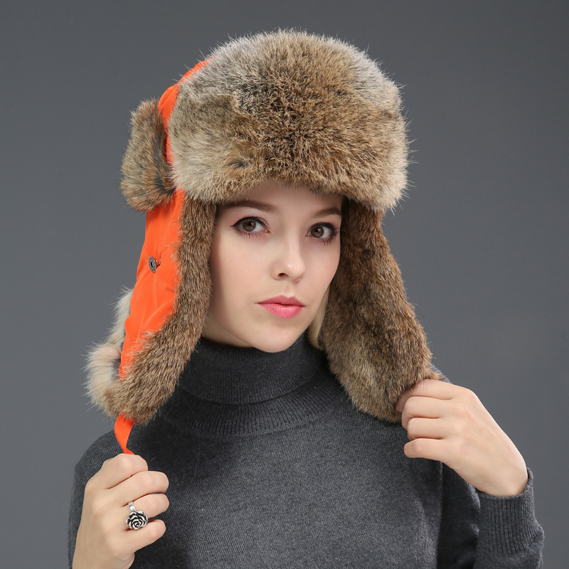 Women And Men's Winter Real Rabbit Fur Trooper Hats Thick And Warmer Genuine Rabbit Fur Bucket Hat