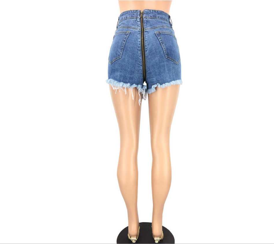 Stock available women sexy butt zip beard light blue denim shorts jeans back zipper ladies hot pants wholesale