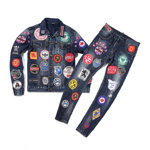 custom patchwork mens casual denim clothes set factory price man patches work jeans jacket suit 2 pcs clothing sets wholesale