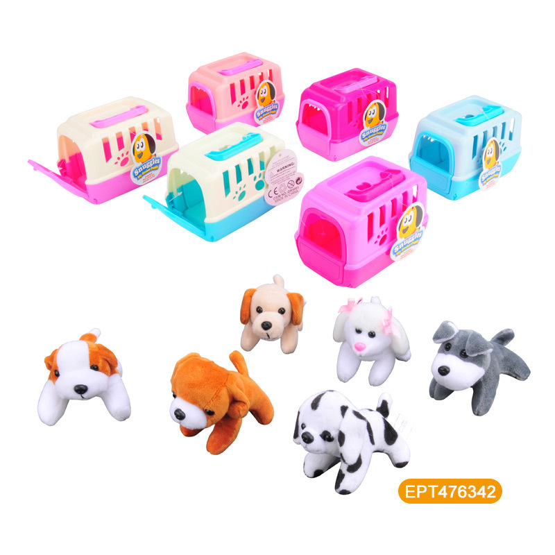 EPT mini cute stuffed animals pet cage with stuffed animals lovely puppy toys set plush dog with carrier