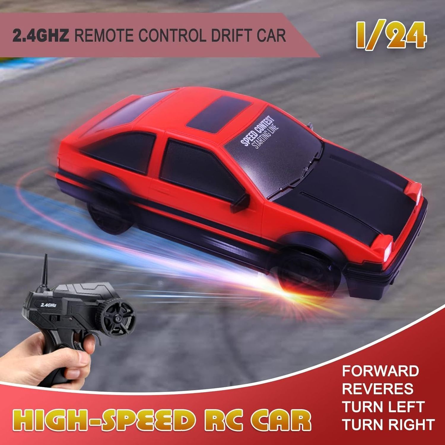 EPT 2.4G 1:24 RC Car Drift 4WD Remote Control Drift Racing Car with Light 15km/h Race Car with Replaceable Tires and Obstacles