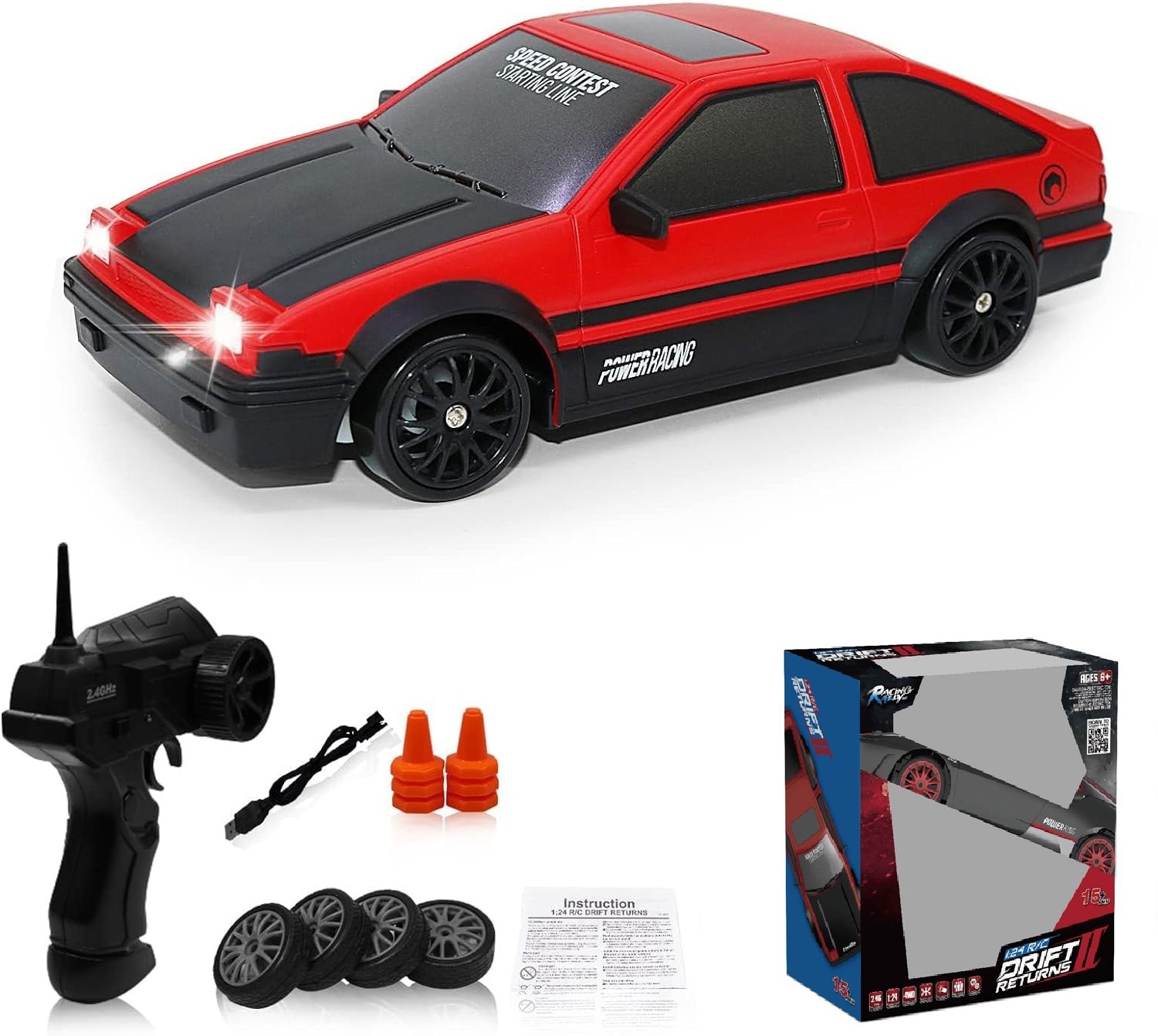 EPT 2.4G 1:24 RC Car Drift 4WD Remote Control Drift Racing Car with Light 15km/h Race Car with Replaceable Tires and Obstacles