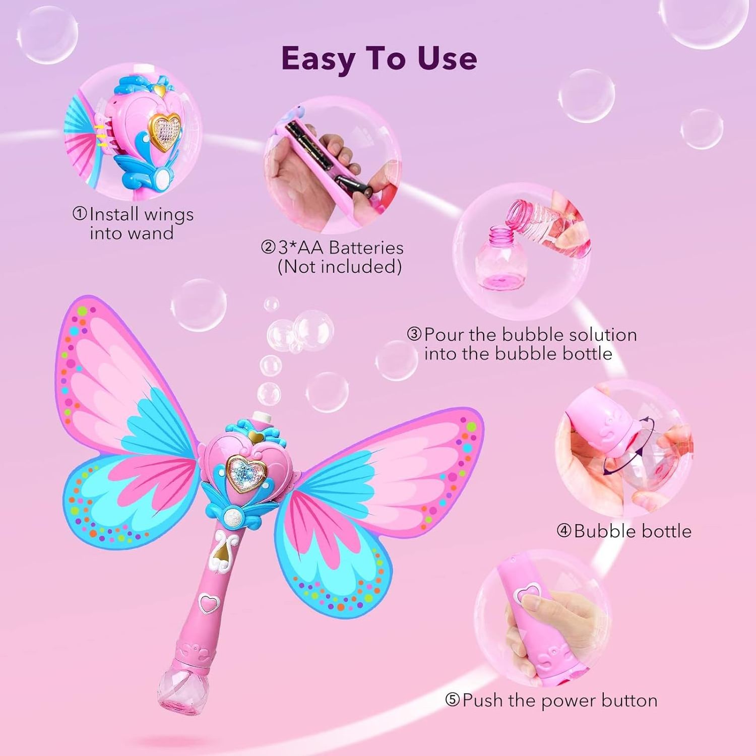 EPT Kids Outdoor Toys Girl Princess Light Up Electric Automatic Magic Butterfly Bubble Wand Plastic Magic Bubble Glow Stick