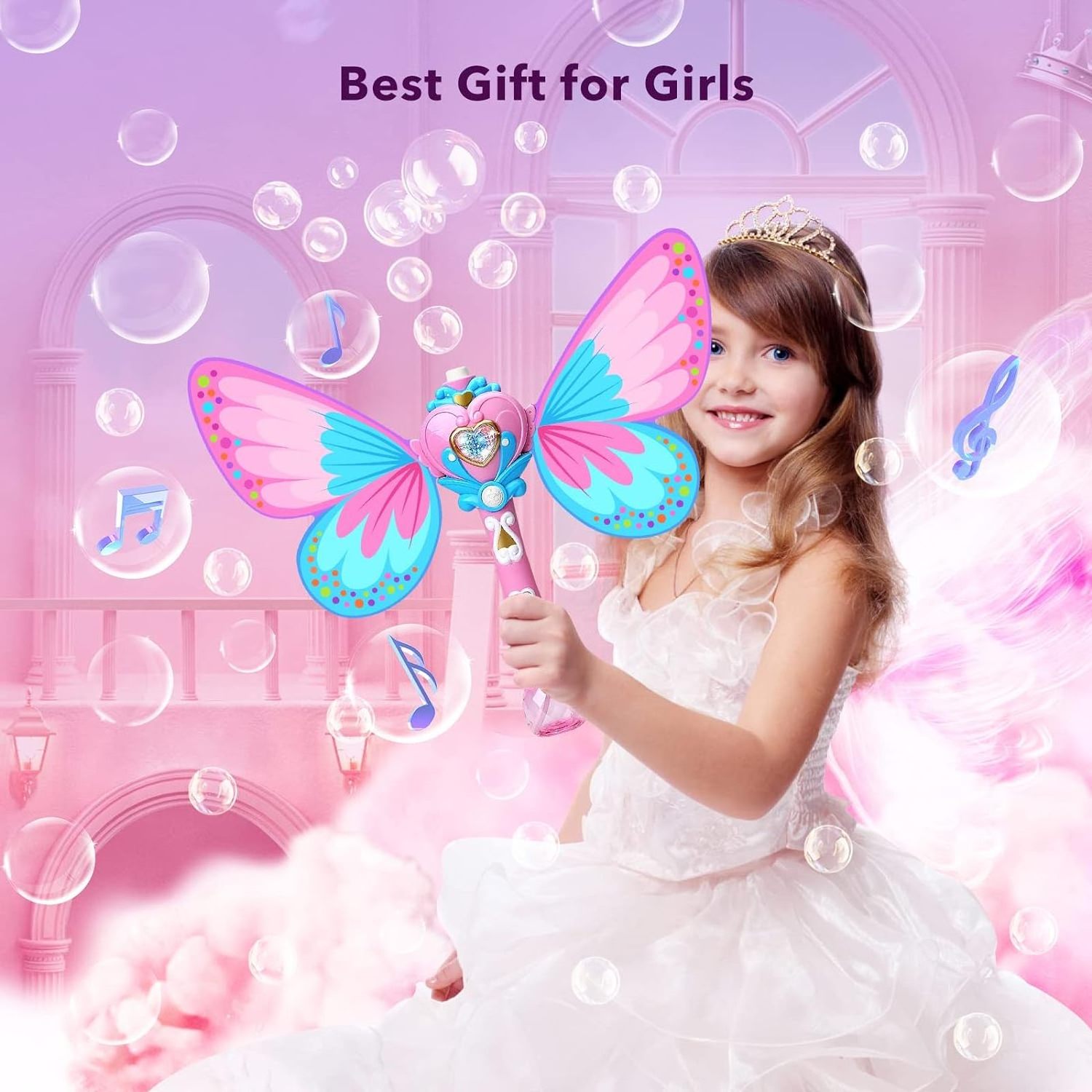 EPT Kids Outdoor Toys Girl Princess Light Up Electric Automatic Magic Butterfly Bubble Wand Plastic Magic Bubble Glow Stick