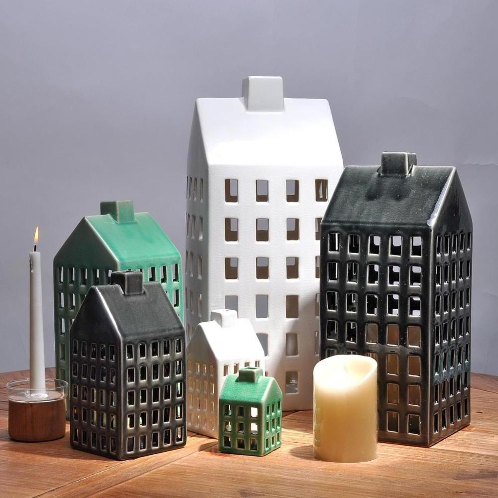 Custom wholesale home decoration christmas house shape ceramic candle holder for tea light