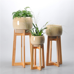 Round glossy glaze pottery creative succulent decorated flower pots flower pot ceramic planters with wooden stand