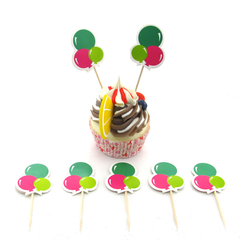 Wholesale birthday theme party cake decorative wooden flag toothpicks with balloon design