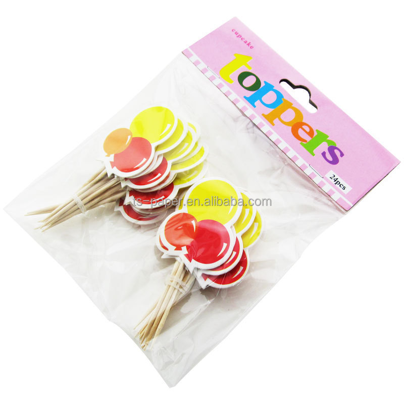 Wholesale birthday theme party cake decorative wooden flag toothpicks with balloon design