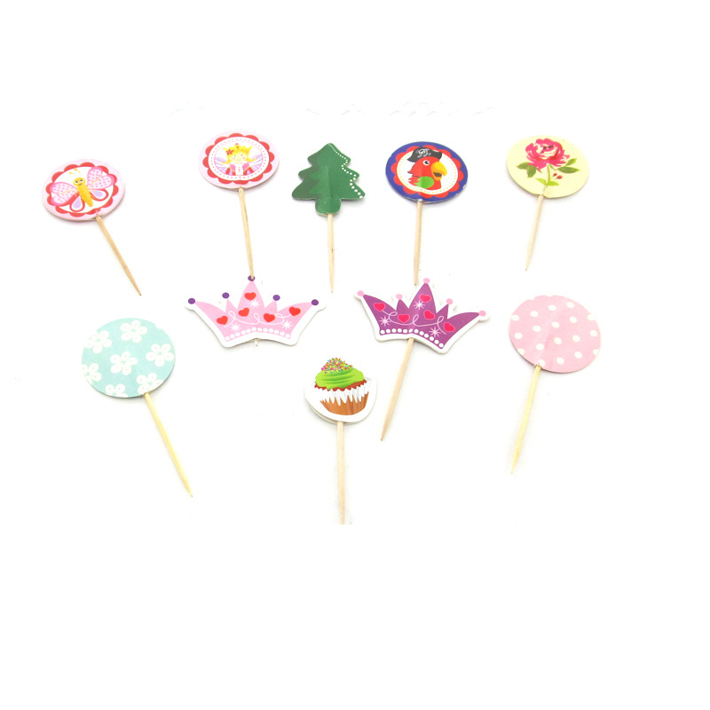 Wholesale birthday theme party cake decorative wooden flag toothpicks with balloon design