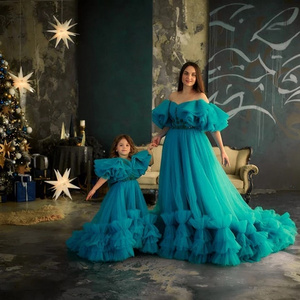 New Arrival Fluffy Mother And Me Tulle Dresses Ruffles With Train Plus Size For Photo Shoot Mom and Daughter Tulle Evening Dress