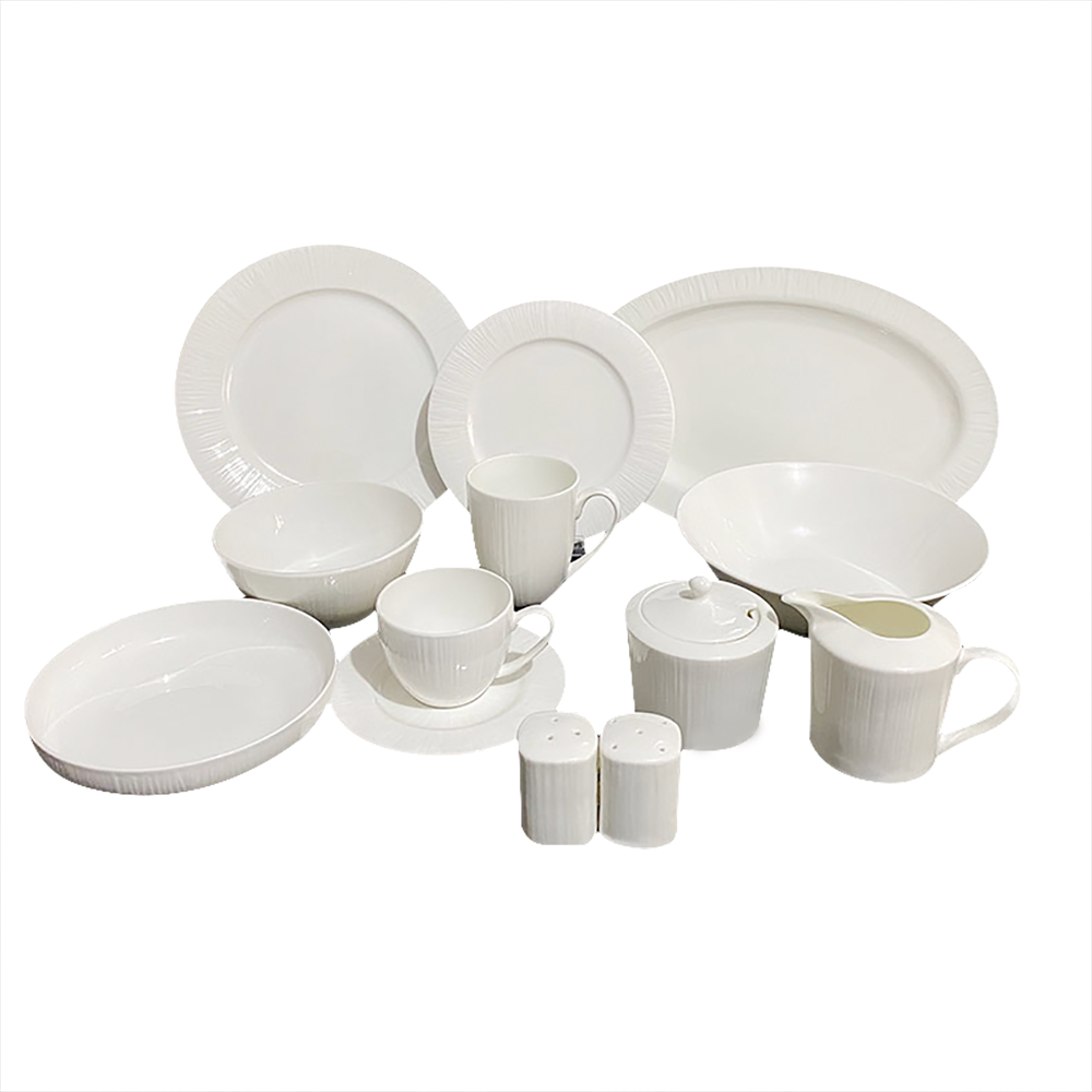 Cheap Wholesale Luxury Porcelain China Dinner Crockery Creamic Gold Rim Embossed White Fine Bone China Dinnerware Sets