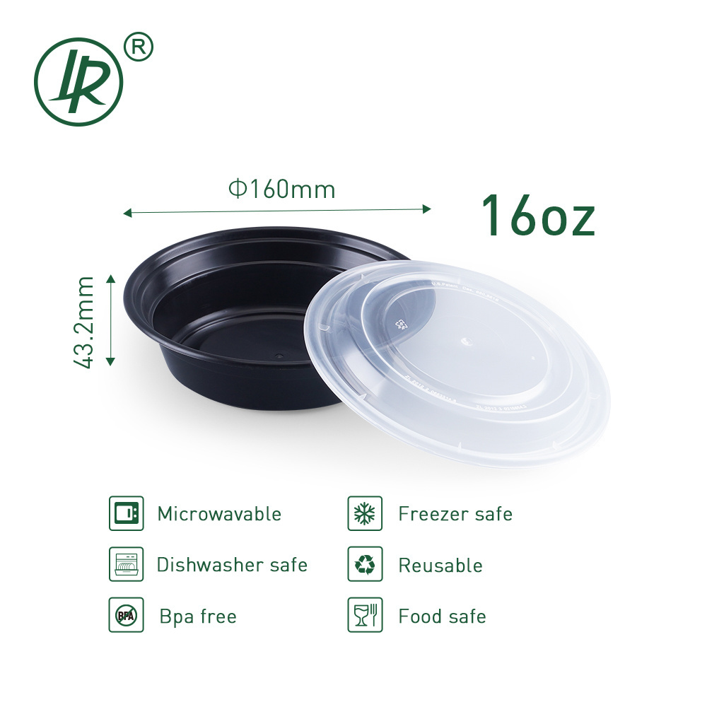 16oz 470ml Food Grade PP Black Round Bowl Plastic Disposable Salad Bowls with Lids