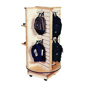 retail store  rotating wood slatwall hanging bag display stand rack/backpack display stand