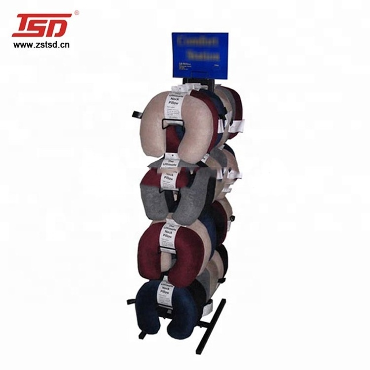 Retail store 4 sided rotatable metal travel neck pillow storage display racks /shop marketing promotional pillow display stand