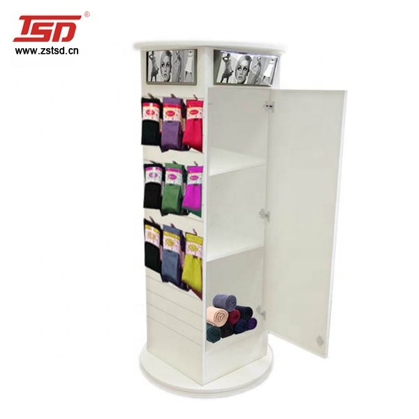 custom retail shop 4 sided counter wood rotating hanging socks product display stand rack,store fixtures display stand for socks