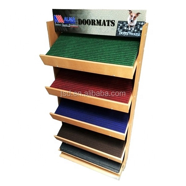 custom store floor standing wooden carpet roll rug door car mat display rack  stand