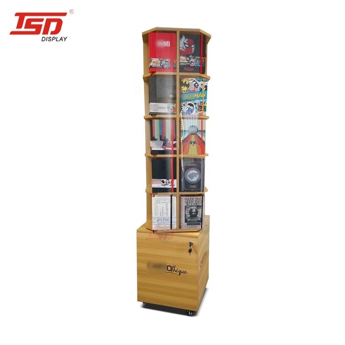 wooden rotating floor comic book store display shelves,magazine display racks