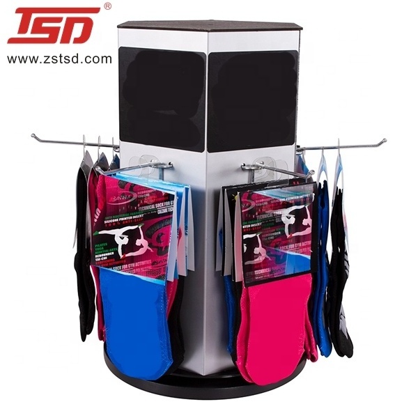 custom retail shop 4 sided counter wood rotating hanging socks product display stand rack,store fixtures display stand for socks