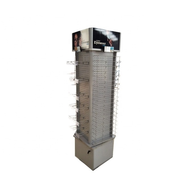 floor standing wood metal pegboard rotating display stand,spinner display rack for battery or sunglasses