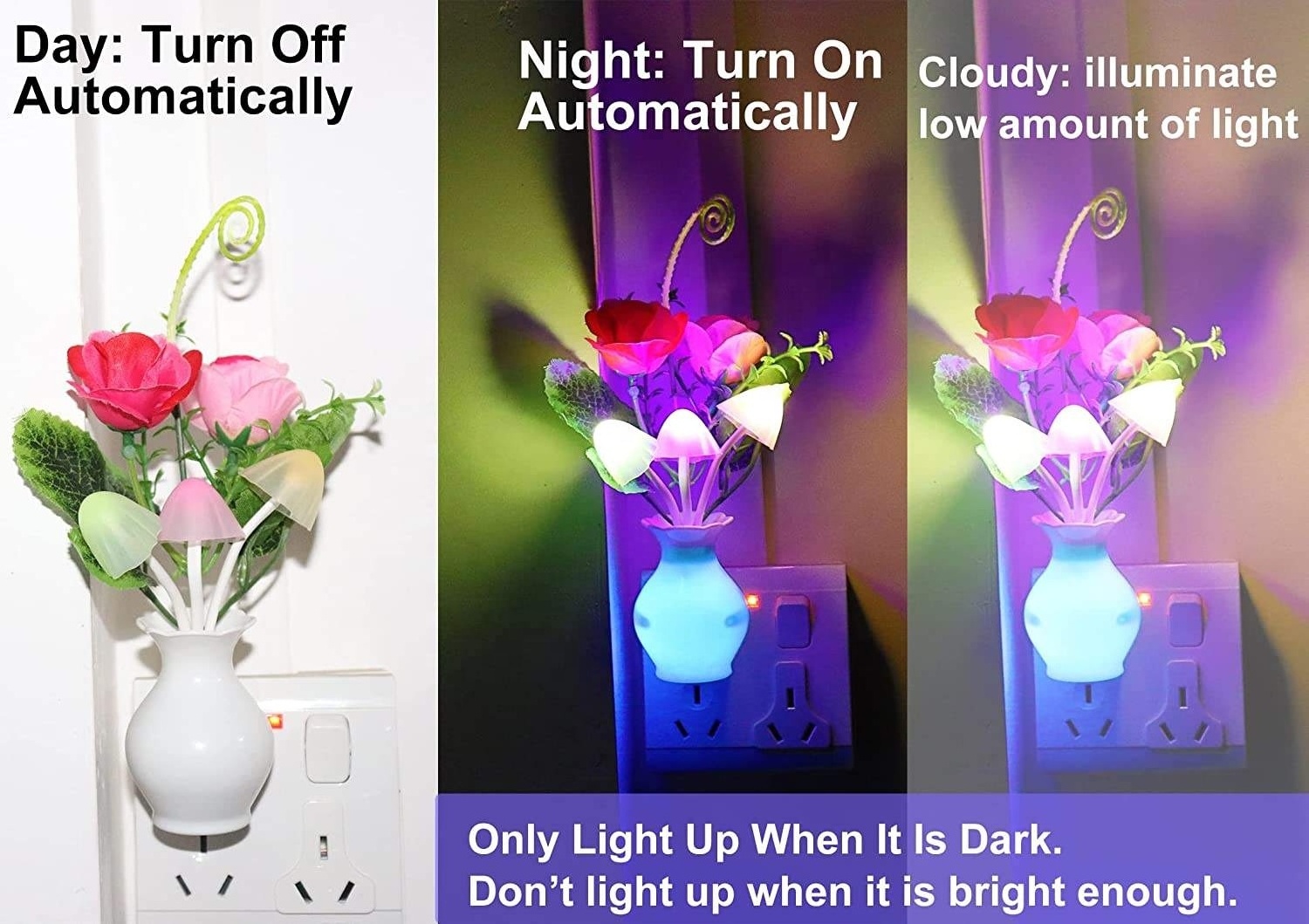 US&EU Mushroom Led Light Sensor Color Changing Different Flowers Night Light Plug in Wall Lamp Bedroom