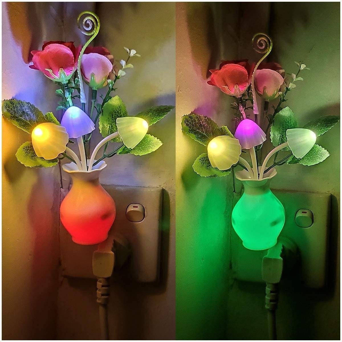 US&EU Mushroom Led Light Sensor Color Changing Different Flowers Night Light Plug in Wall Lamp Bedroom