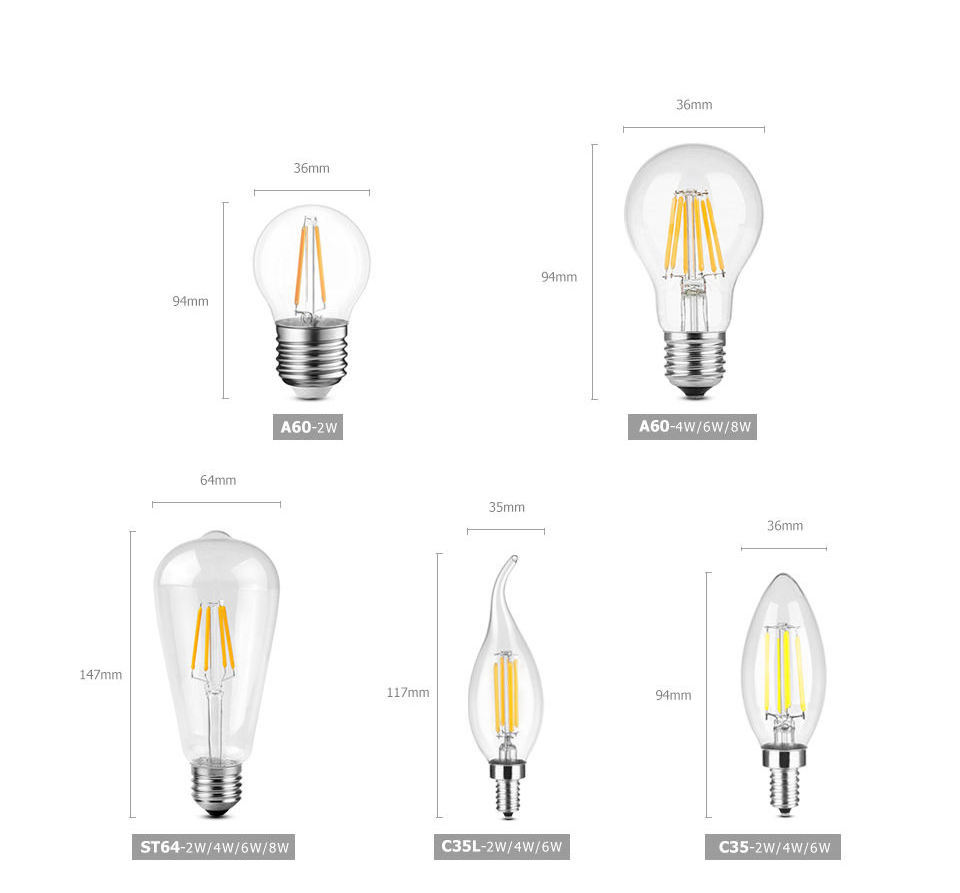 5years warranty 2w 4w 6w 8w led vintage edison filament light bulb ST64, ST58, A60/A19, T45, G80, G95, G125, B53, C35, T30 bulb