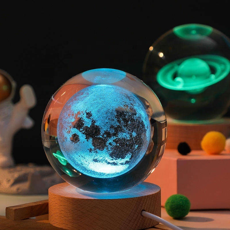 Crystal ball Crystal Astronaut Planet Globe 3D Laser Engraved Solar System Ball with Touch Switch LED Light Base Astronomy