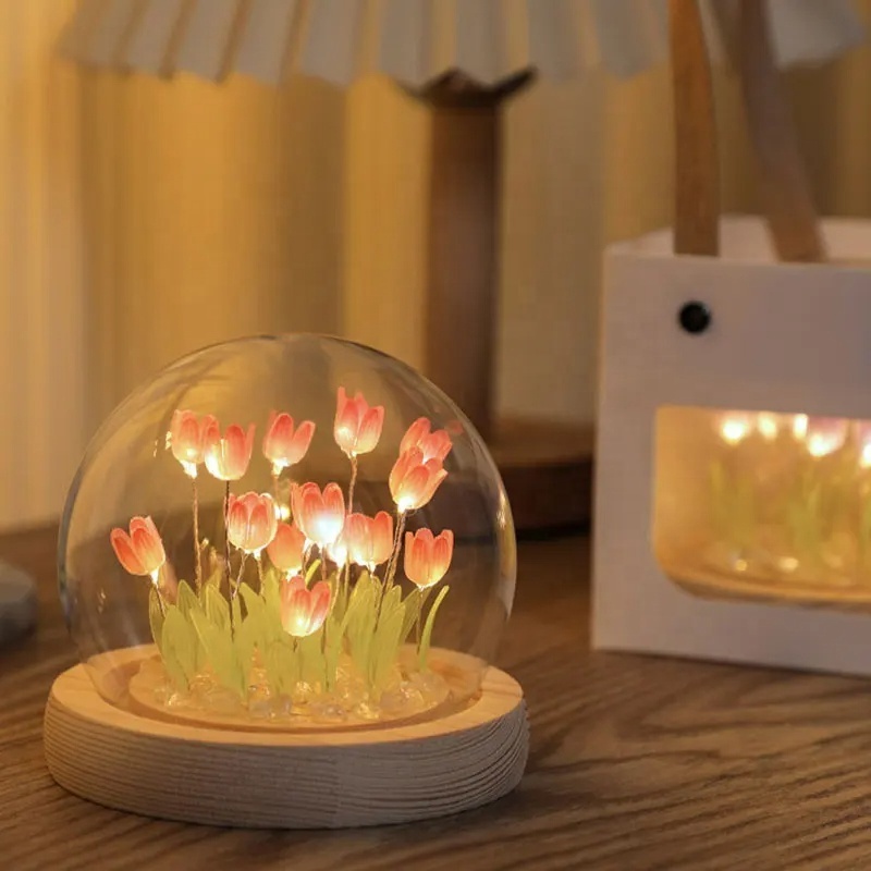 Home Decorative Diy Tulip Night Light, Mini Led Tulip Crystal Glass Ball Night Light Tulip Flowers Lamp