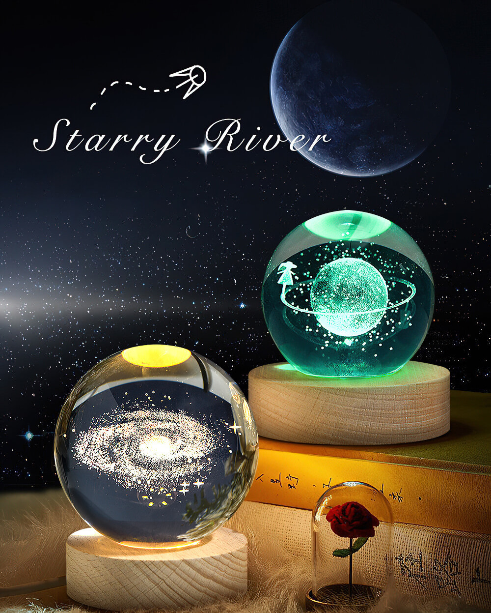 Crystal ball Crystal Astronaut Planet Globe 3D Laser Engraved Solar System Ball with Touch Switch LED Light Base Astronomy