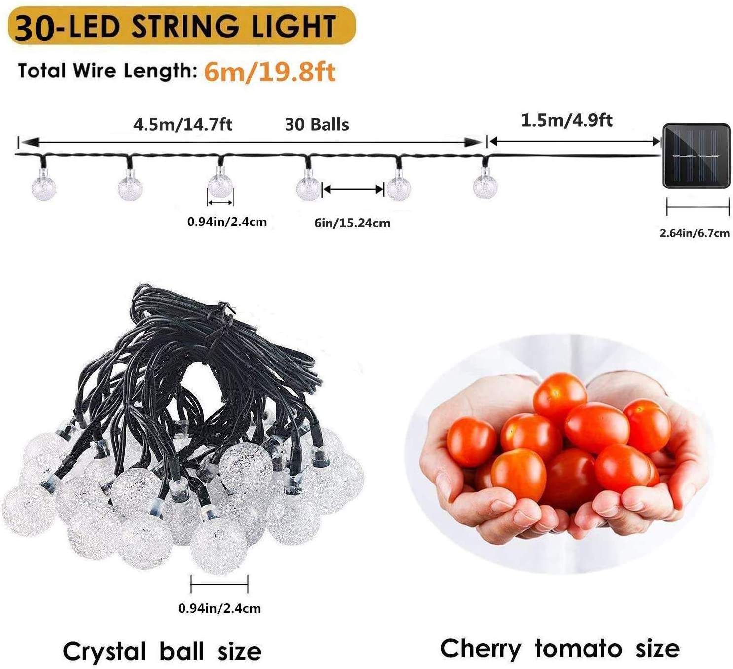 Outdoor Waterproof 20ft Solar Crystal Ball Lights 8 Lighting Modes Holiday Decoration 30 Led Solar String Lights