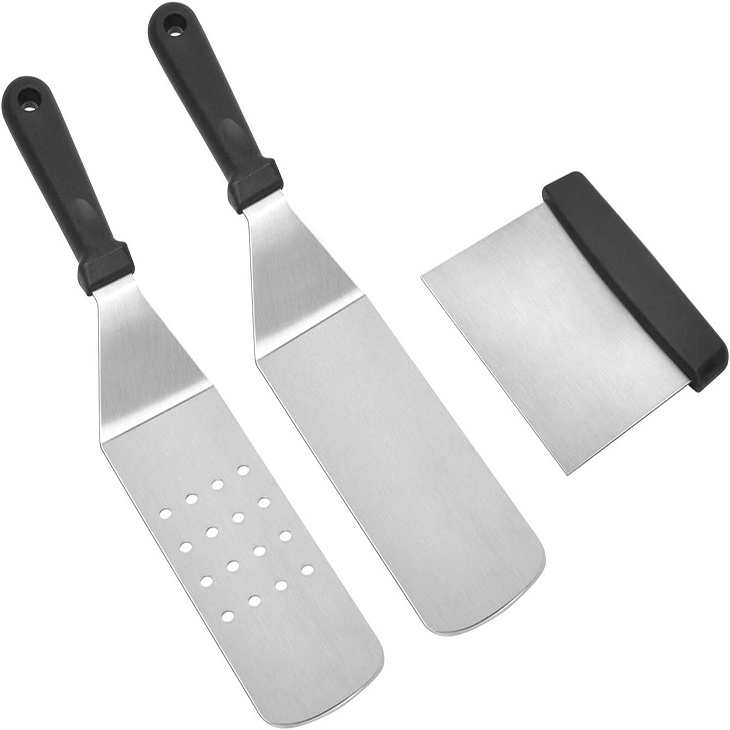 Professional Long  BBQ Grill Spatula Turner  Scraper 3 pcs Griddle Accessory  for Camping Cooking