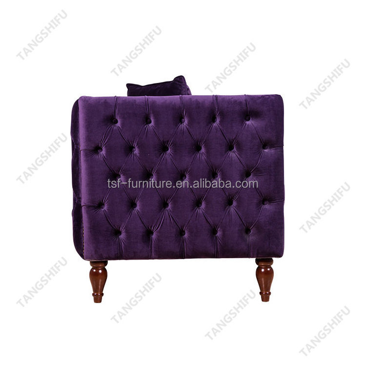 French country style birch three seat purple velvet upholstery sofa with pillow