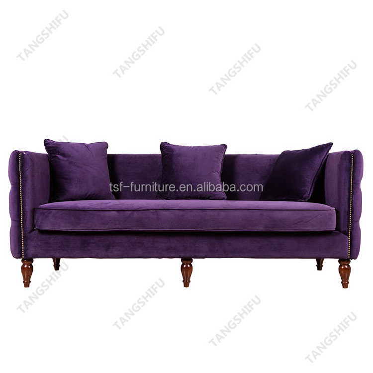 French country style birch three seat purple velvet upholstery sofa with pillow