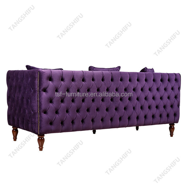 French country style birch three seat purple velvet upholstery sofa with pillow