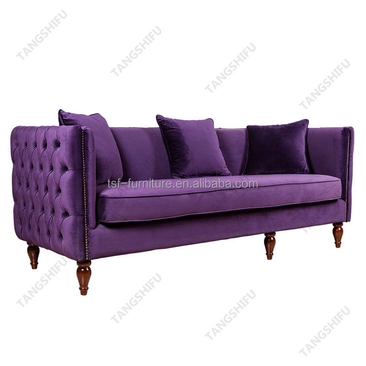 French country style birch three seat purple velvet upholstery sofa with pillow