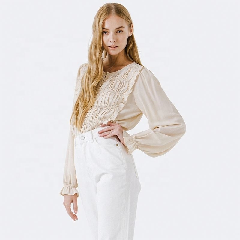 Casual Style 100% Cotton Ruched Long Sleeve Blouse For Women