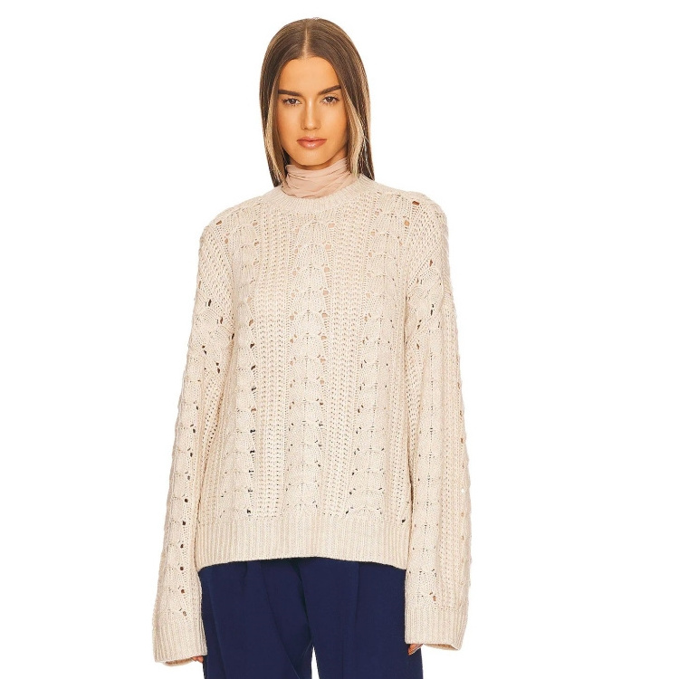 Cable Knit Sweater OEM Custom Women Knitwear Long Sleeves Crochet Holes Pointelle Cable Pullover